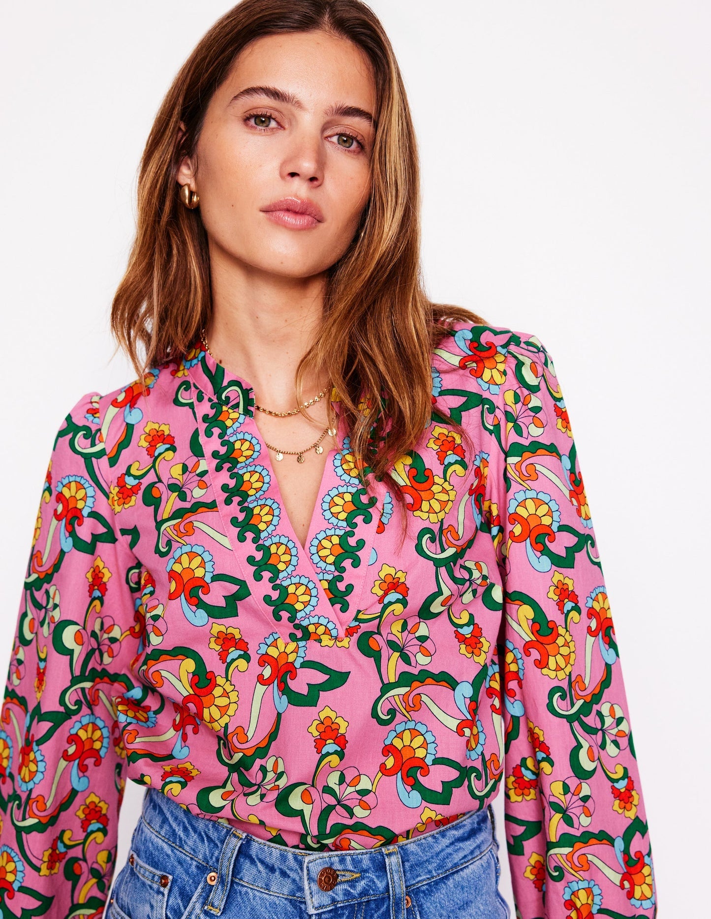 Boden Cotton Notch Neck Top - Pink Rose, Foliage Trail