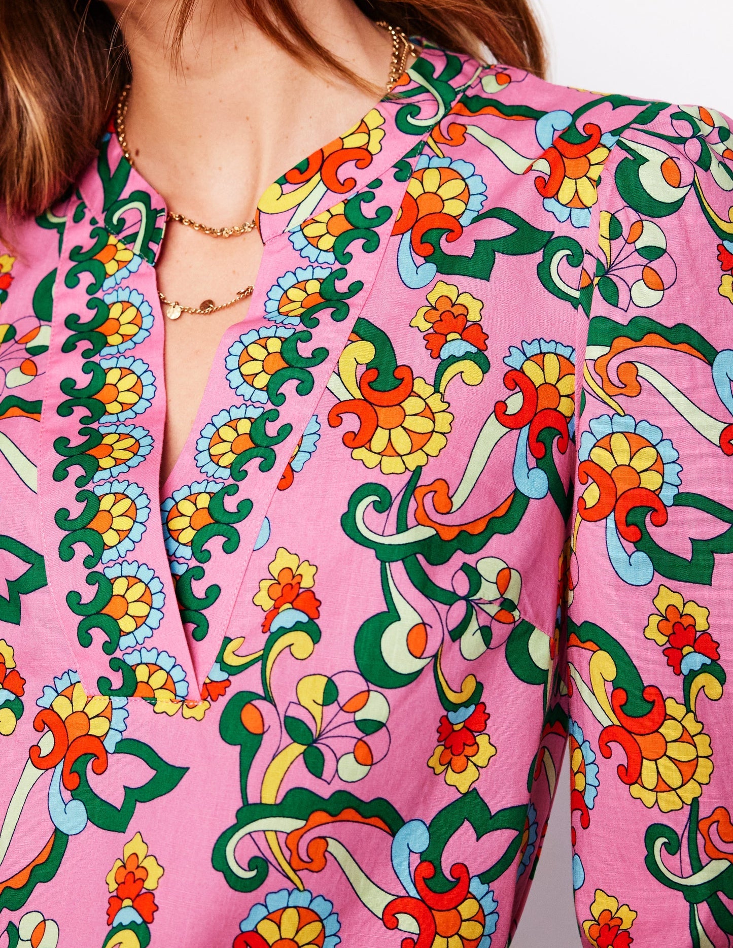 Boden Cotton Notch Neck Top - Pink Rose, Foliage Trail