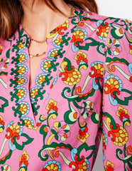 Boden Cotton Notch Neck Top - Pink Rose, Foliage Trail