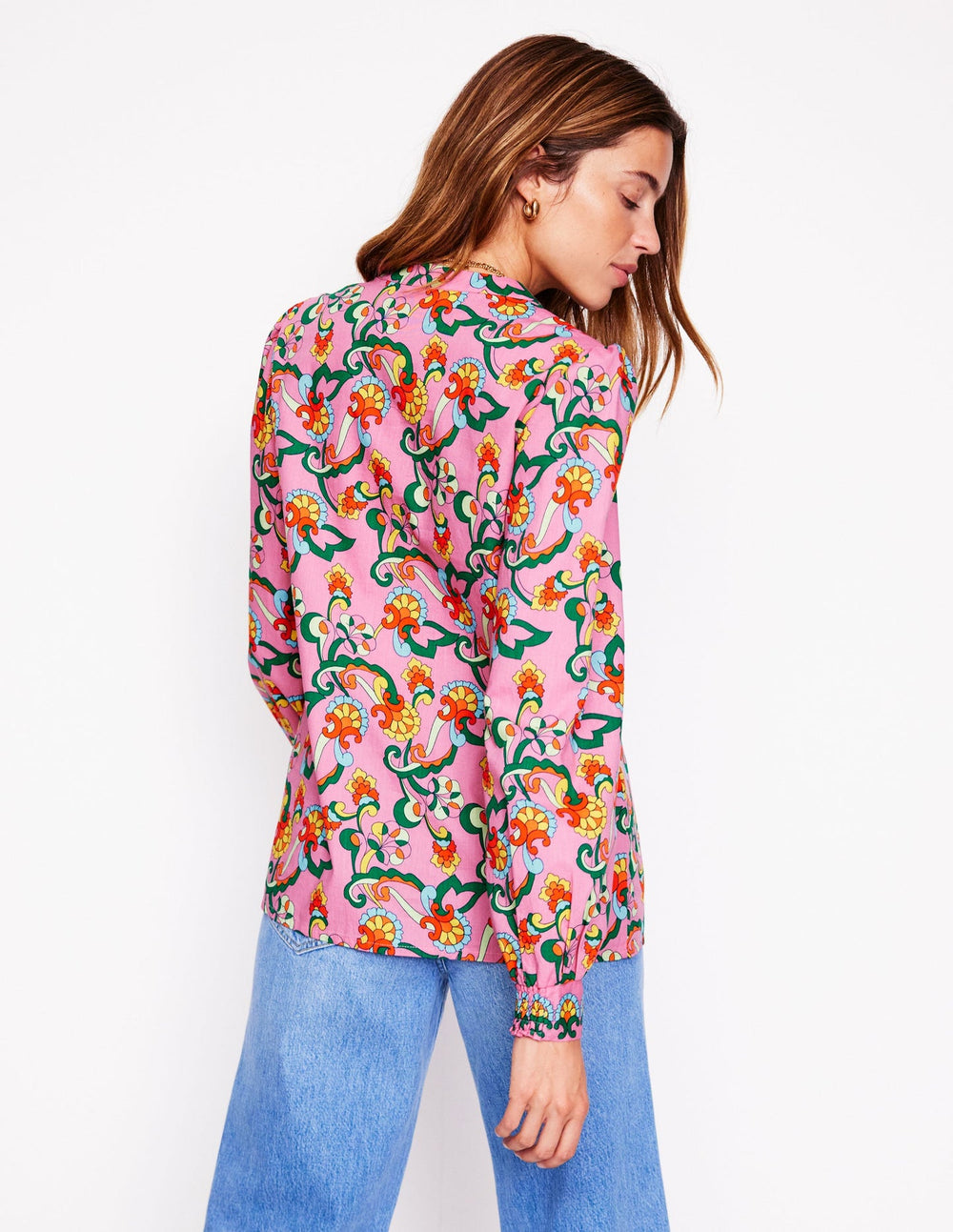 Boden Cotton Notch Neck Top - Pink Rose, Foliage Trail