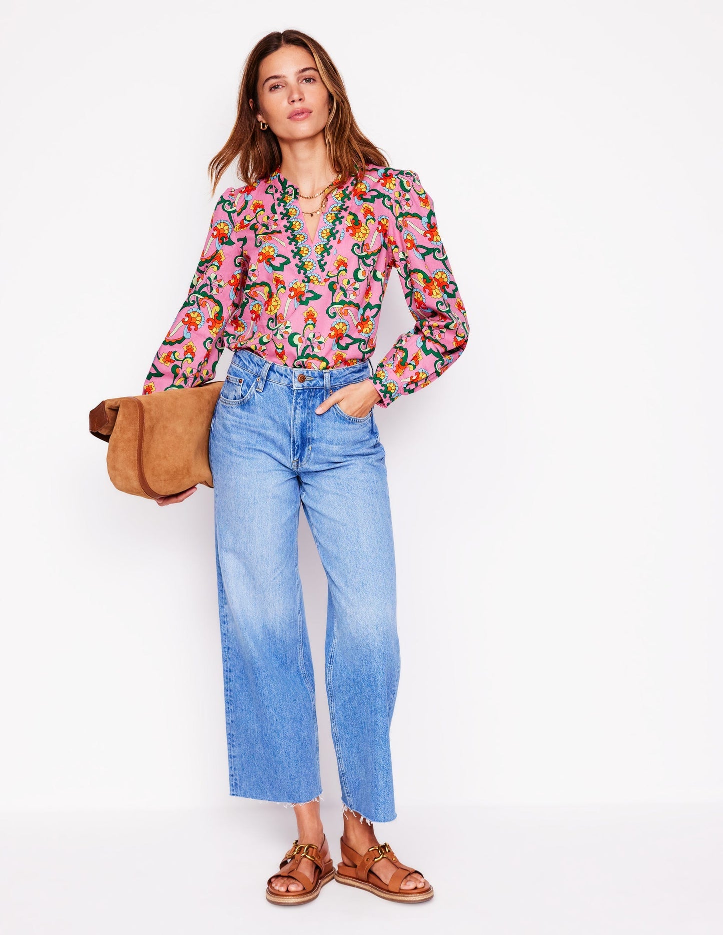Boden Cotton Notch Neck Top - Pink Rose, Foliage Trail