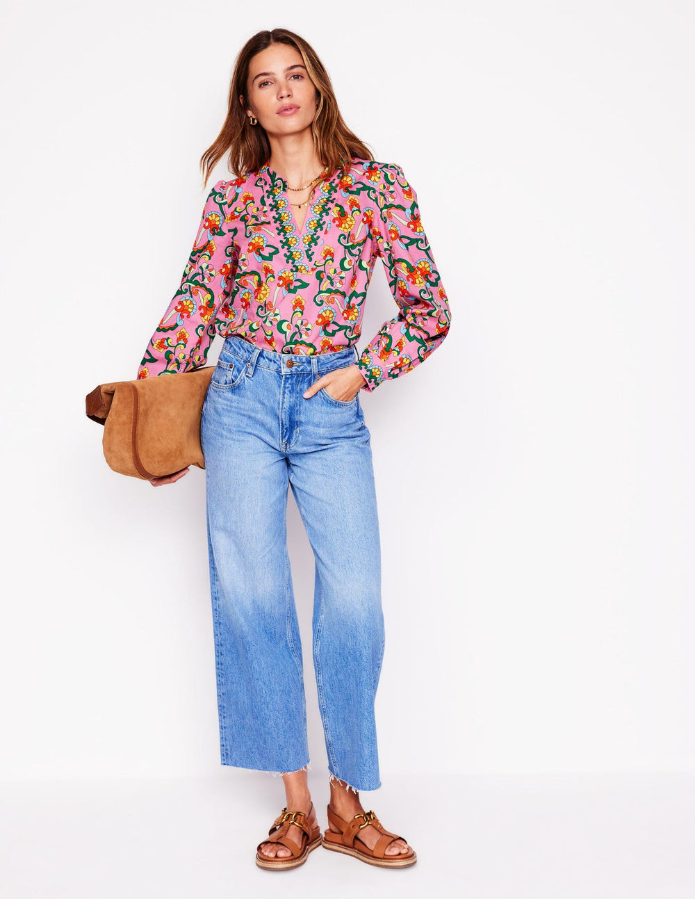 Boden Cotton Notch Neck Top - Pink Rose, Foliage Trail