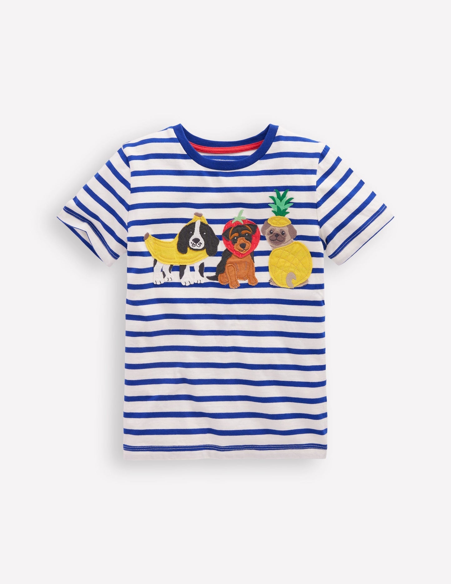 Boden Short Sleeve Appliqué T-shirt - Bright Blue Stripe Fruit Dogs