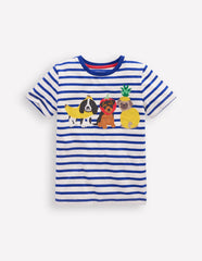 Boden Short Sleeve Appliqué T-shirt - Bright Blue Stripe Fruit Dogs