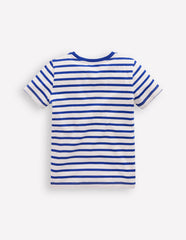 Boden Short Sleeve Appliqué T-shirt - Bright Blue Stripe Fruit Dogs