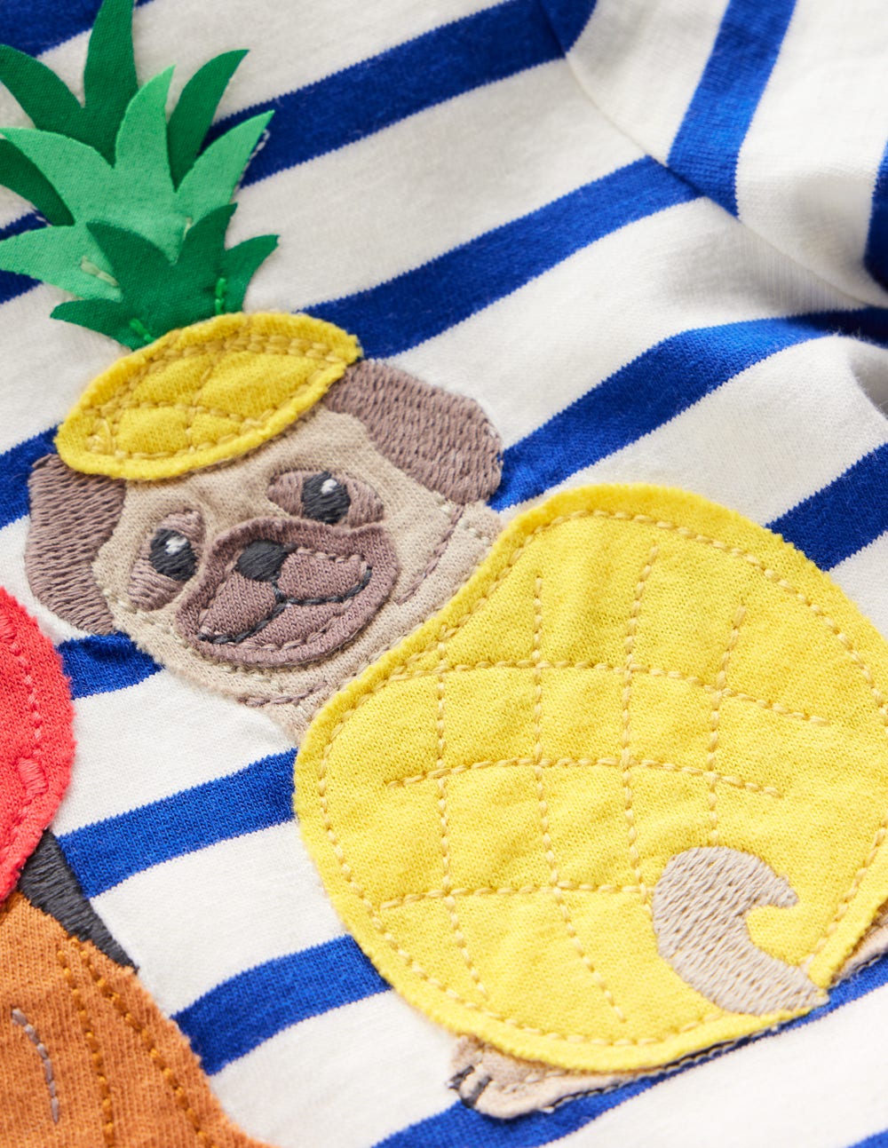 Boden Short Sleeve Appliqué T-shirt - Bright Blue Stripe Fruit Dogs