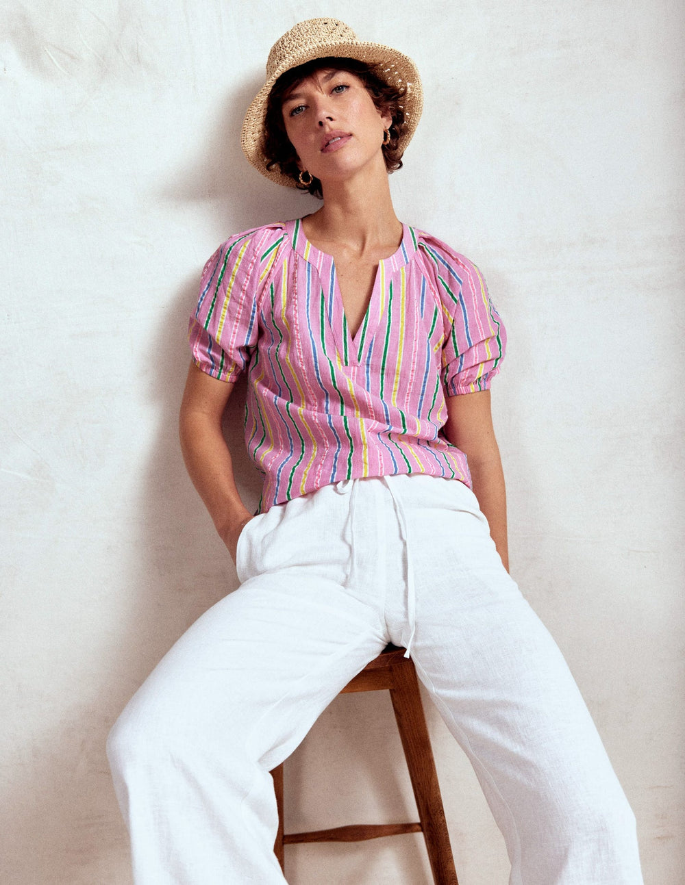 Boden Brooke Cotton Top - Neon Pink Seersucker Stripe