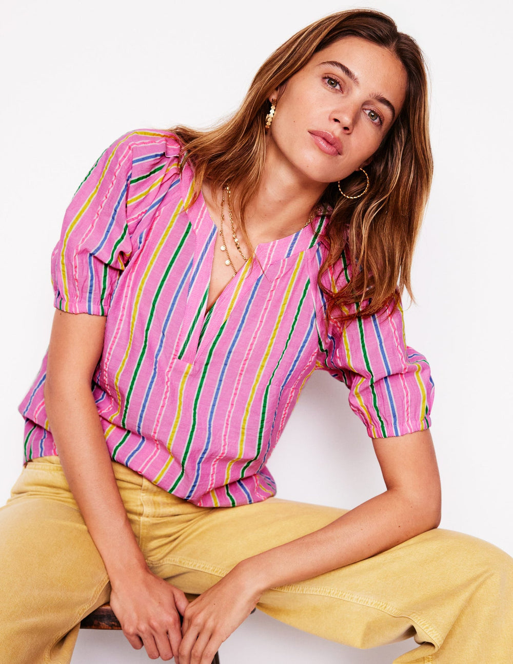Boden Brooke Cotton Top - Neon Pink Seersucker Stripe