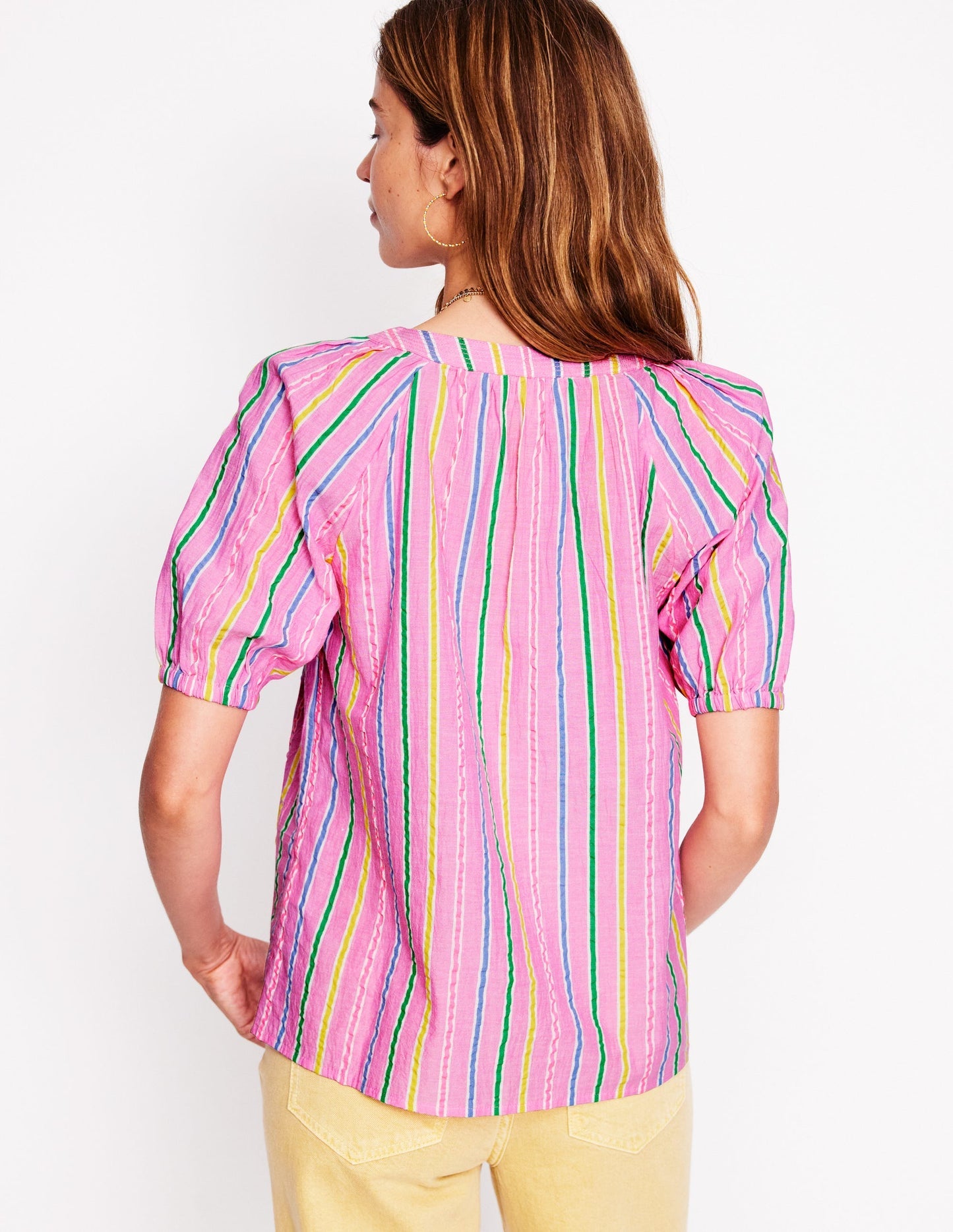 Boden Brooke Cotton Top - Neon Pink Seersucker Stripe