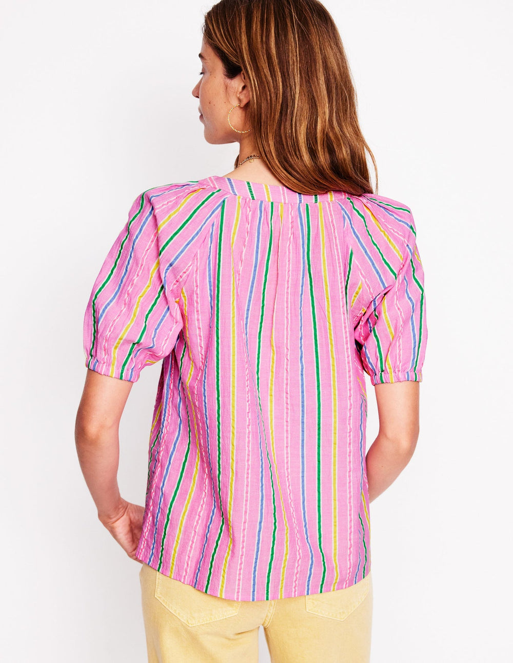 Boden Brooke Cotton Top - Neon Pink Seersucker Stripe