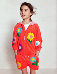 Boden Zip - Through Towelling Hoodie - Coral Orange Flowers