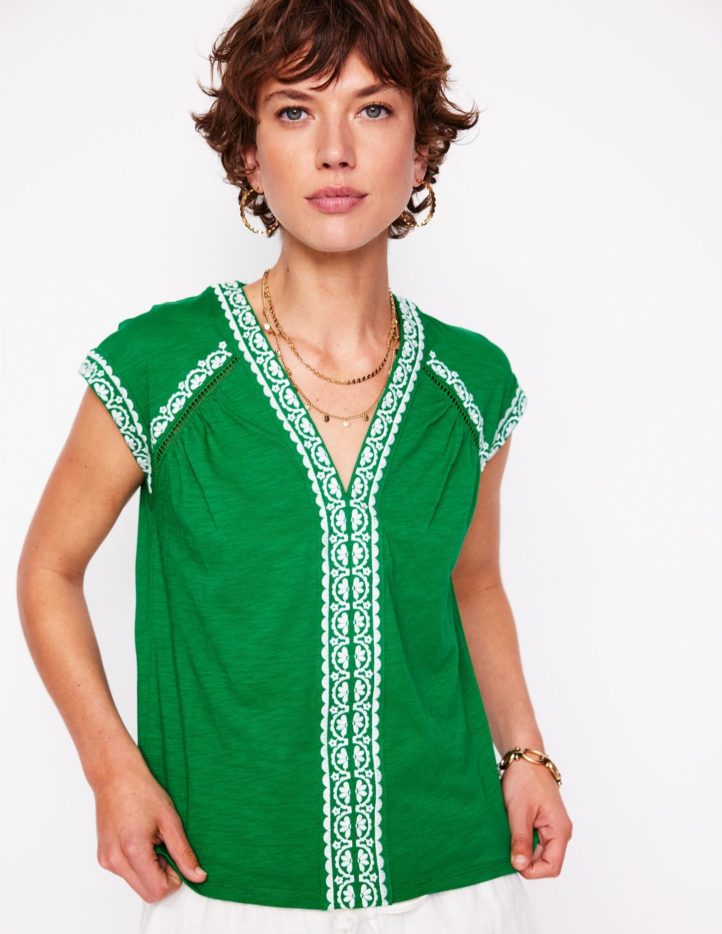 Boden Hazel Cotton Embroidered Top - Rich Emerald