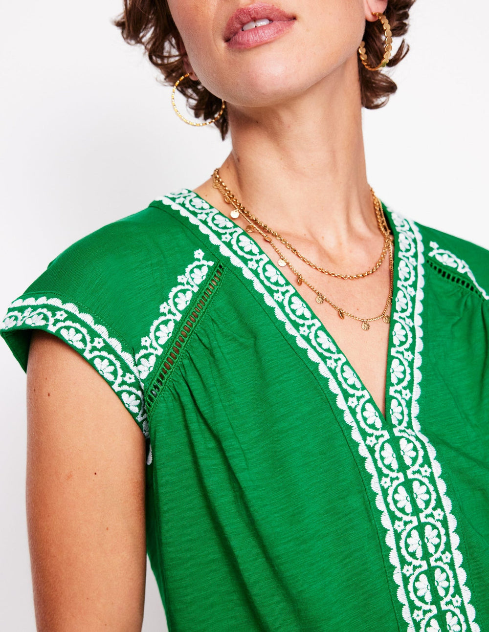 Boden Hazel Cotton Embroidered Top - Rich Emerald