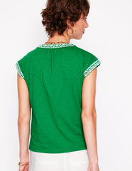 Boden Hazel Cotton Embroidered Top - Rich Emerald