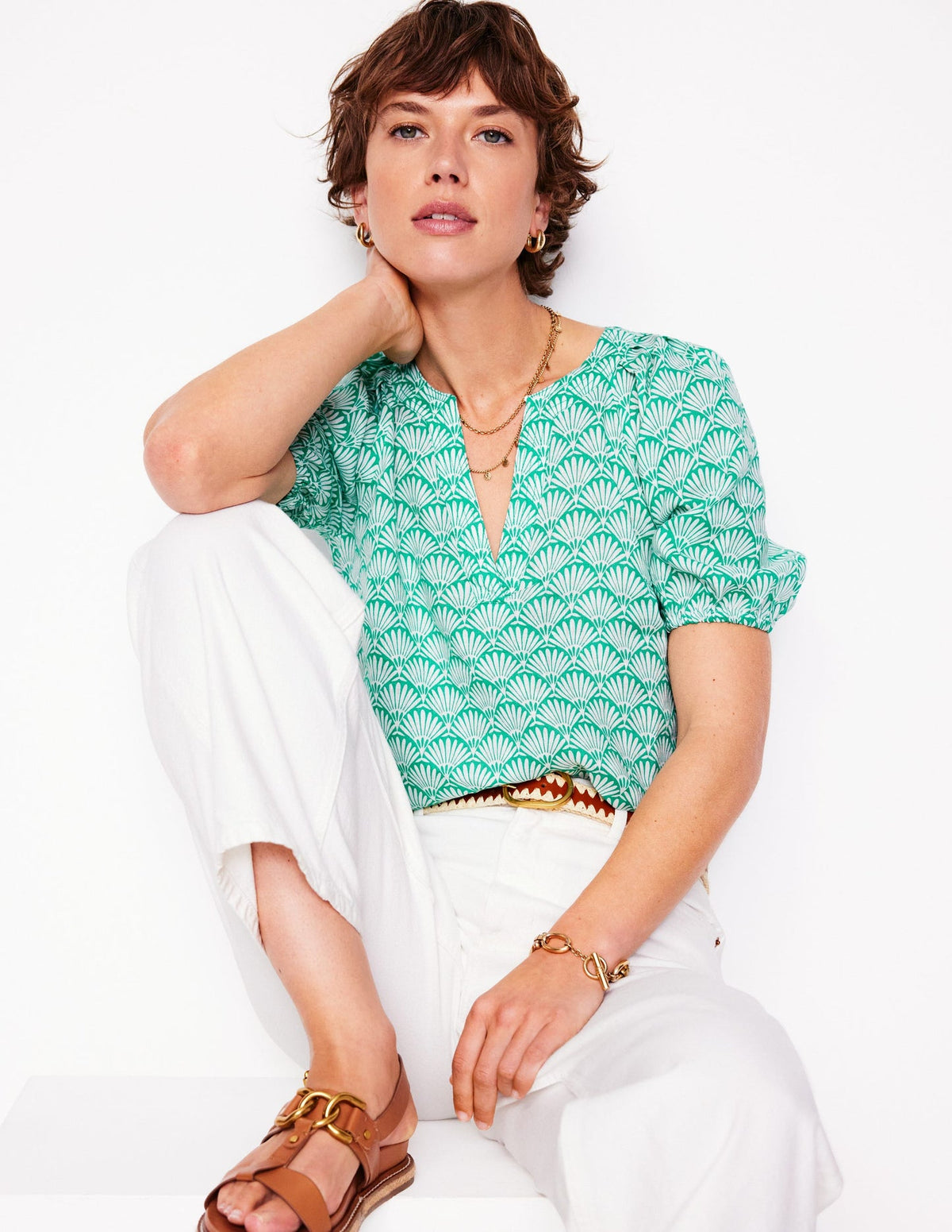 Boden Brooke Linen Top - Aquamarine, Deco Palm