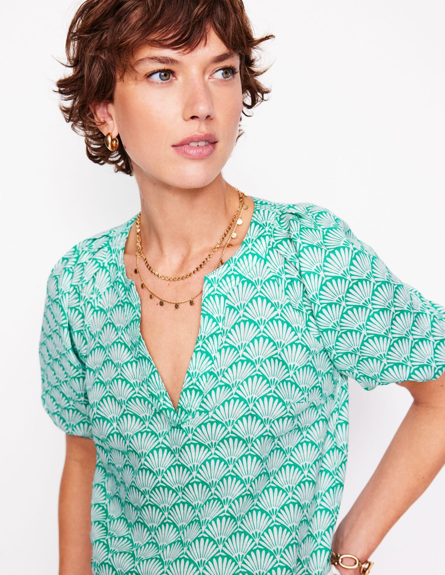Boden Brooke Linen Top - Aquamarine, Deco Palm