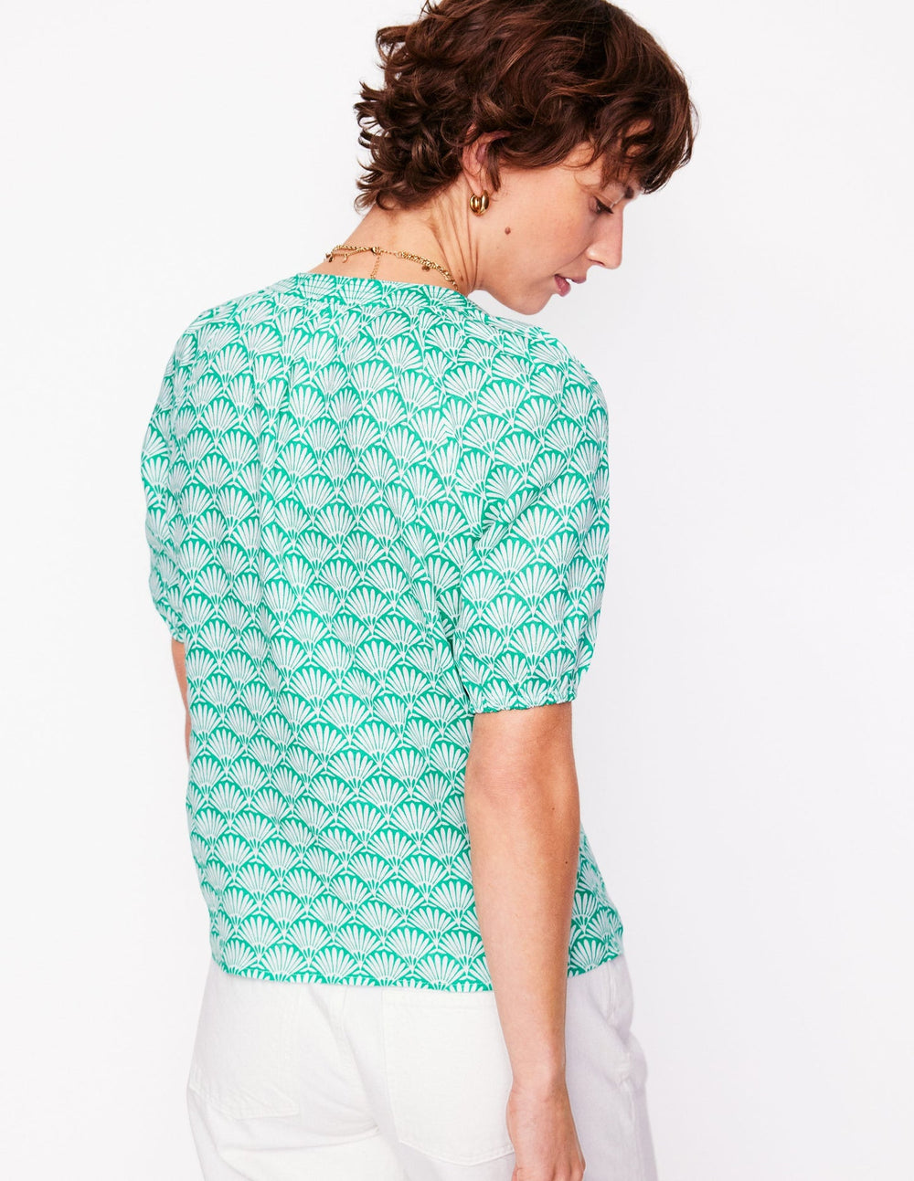Boden Brooke Linen Top - Aquamarine, Deco Palm