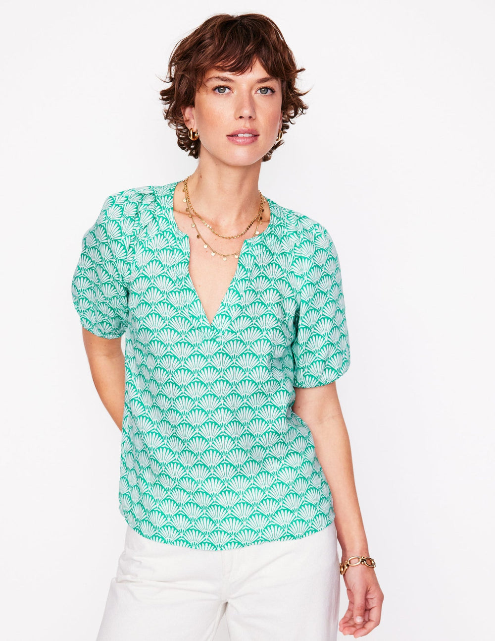 Boden Brooke Linen Top - Aquamarine, Deco Palm