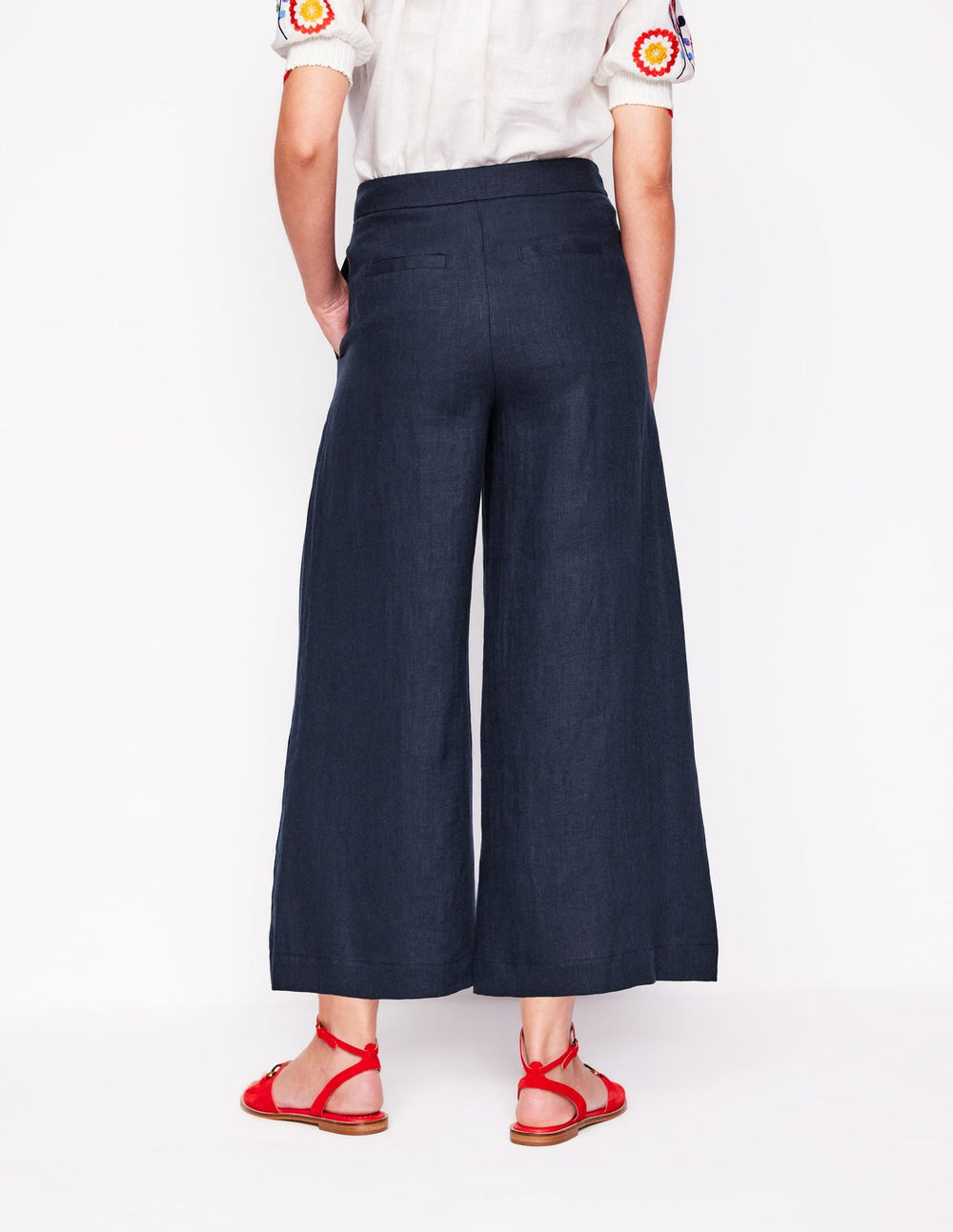 Boden Wide Crop Linen Pants - Navy