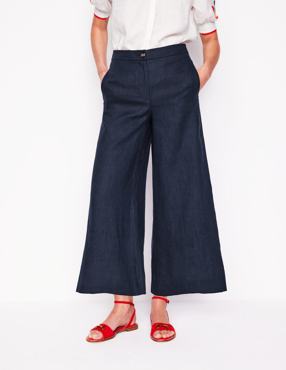 Boden Wide Crop Linen Pants - Navy