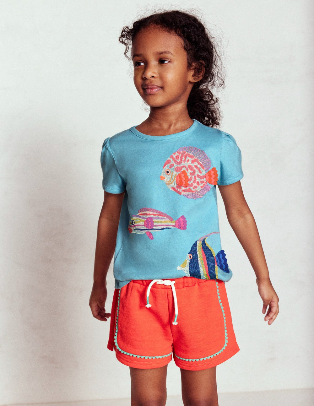 Boden Puff Sleeve Superstitch Top - Aqua Sea Blue Fish
