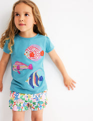 Boden Puff Sleeve Superstitch Top - Aqua Sea Blue Fish