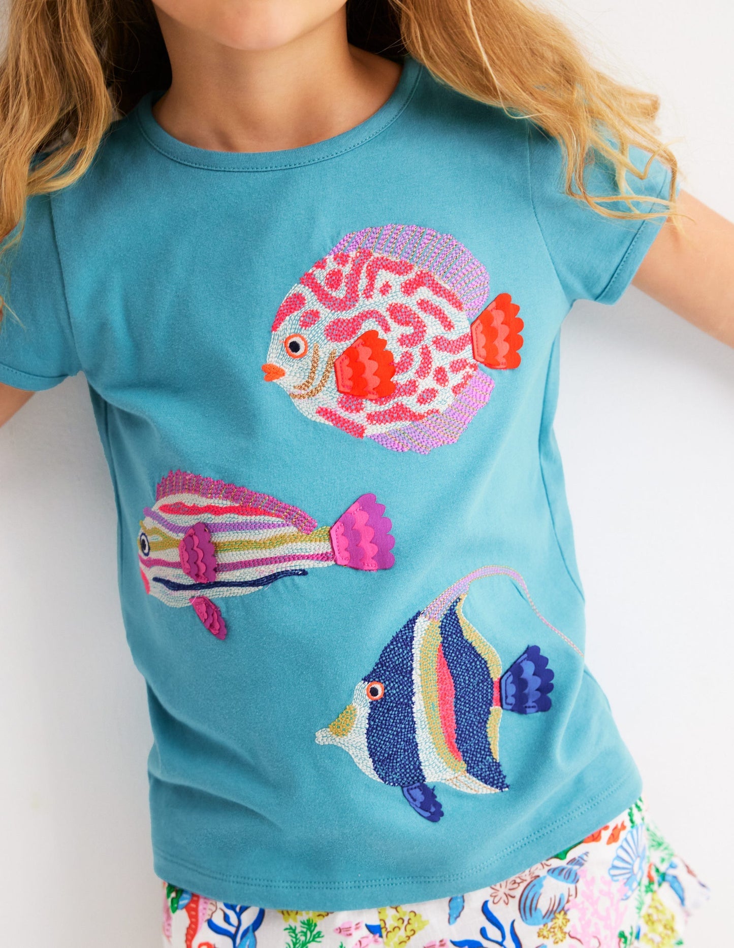 Boden Puff Sleeve Superstitch Top - Aqua Sea Blue Fish