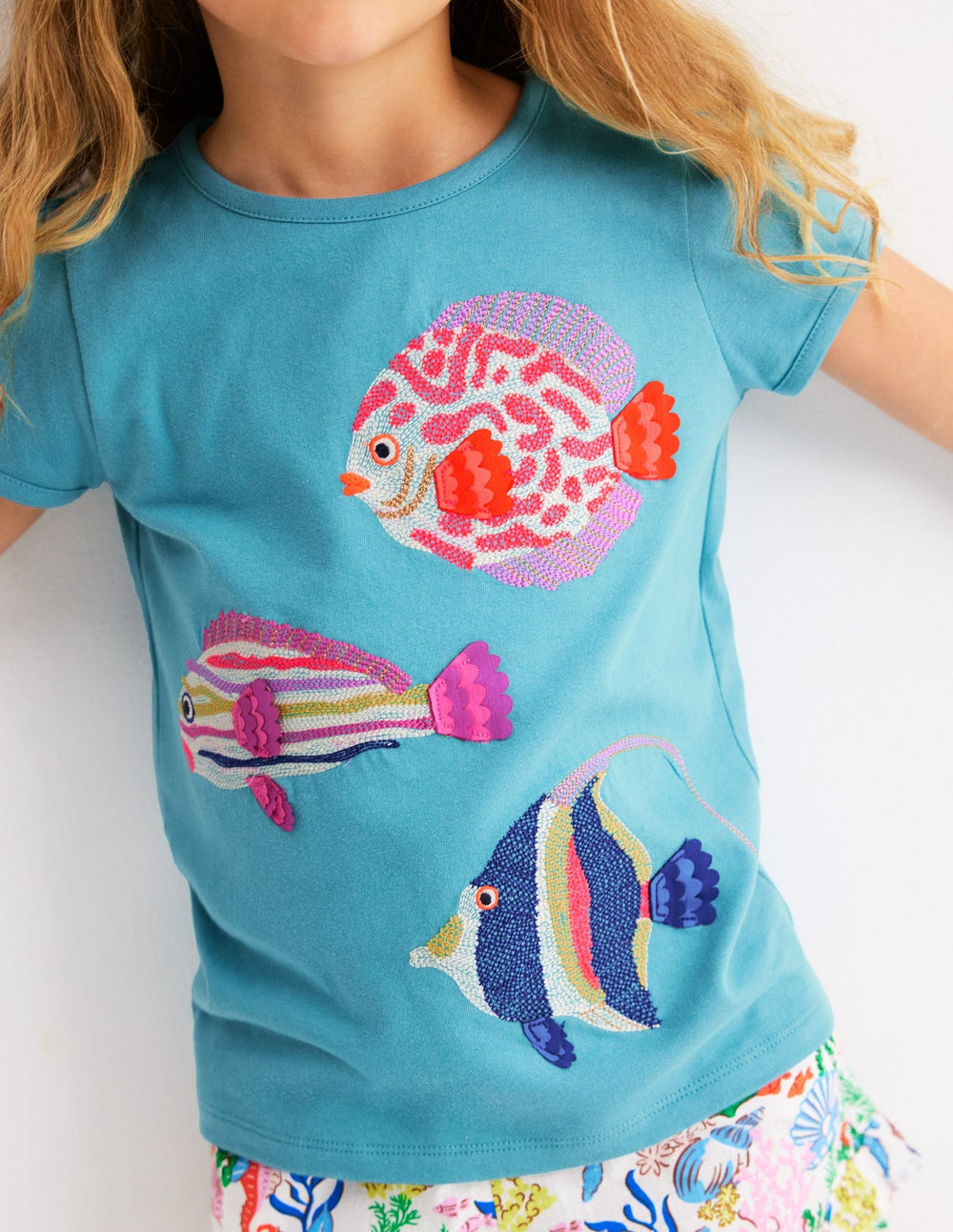 Boden Puff Sleeve Superstitch Top - Aqua Sea Blue Fish