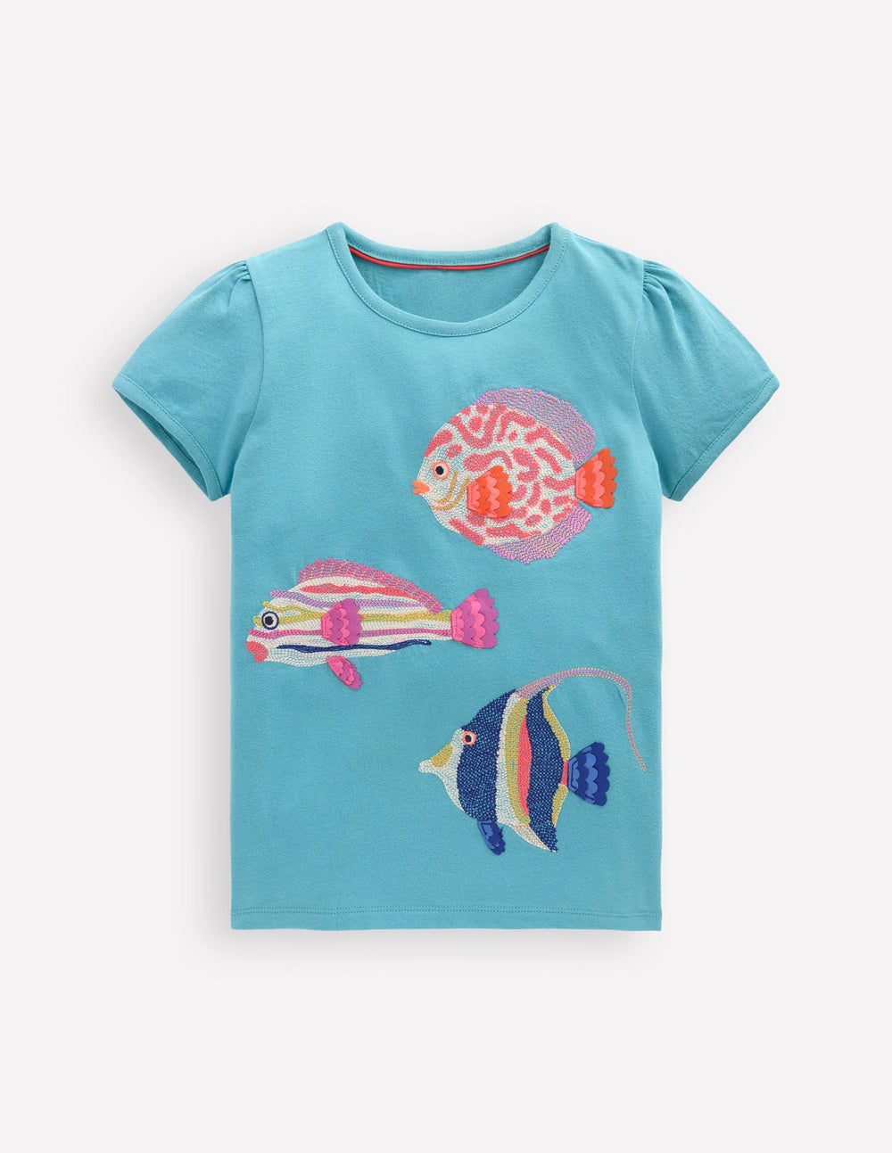 Boden Puff Sleeve Superstitch Top - Aqua Sea Blue Fish