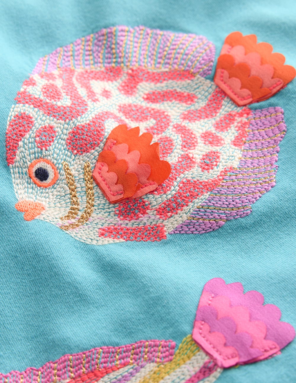 Boden Puff Sleeve Superstitch Top - Aqua Sea Blue Fish