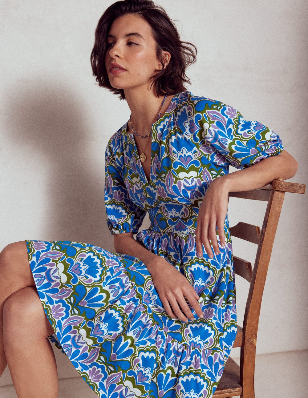 Boden Piper Short Jersey Dress - Kingfisher Blue, Freesia Stamp
