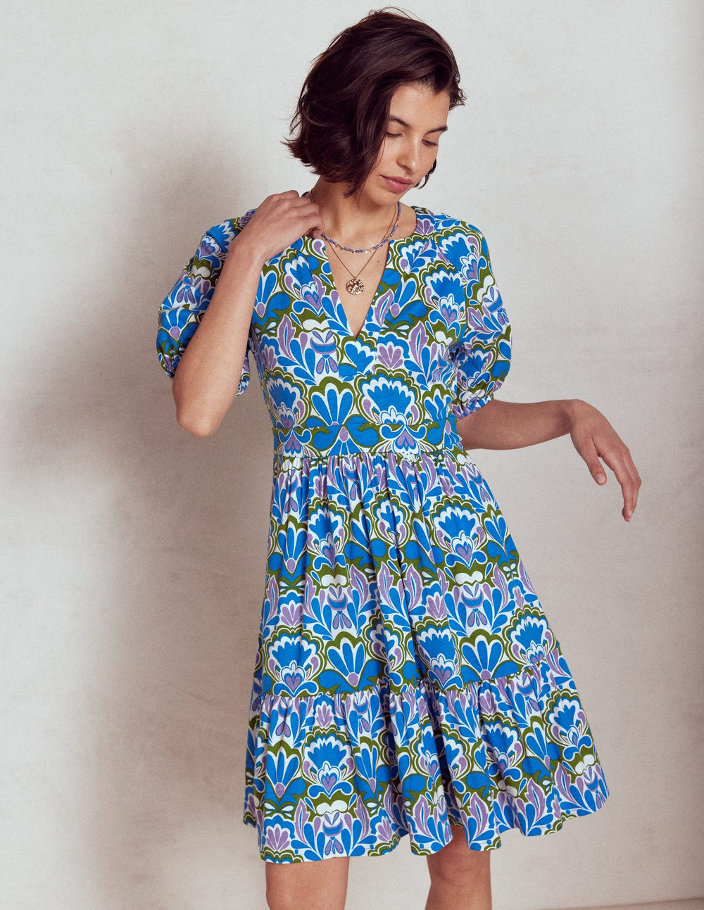 Boden Piper Short Jersey Dress - Kingfisher Blue, Freesia Stamp