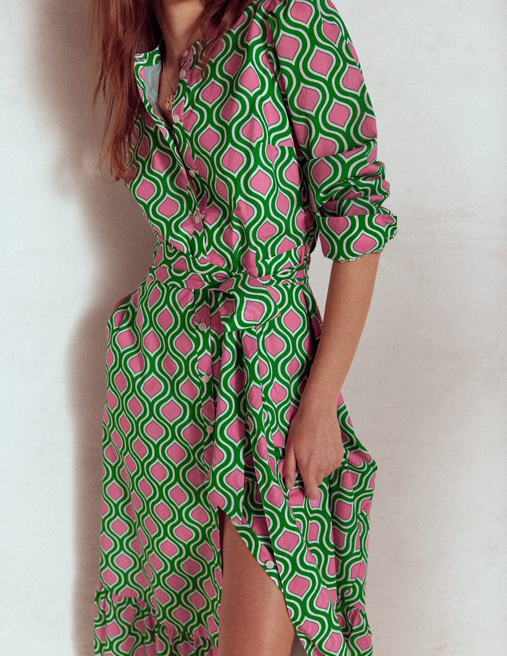 Boden Mia Tiered Shirt Dress - Rich Emerald, Geo Trellis