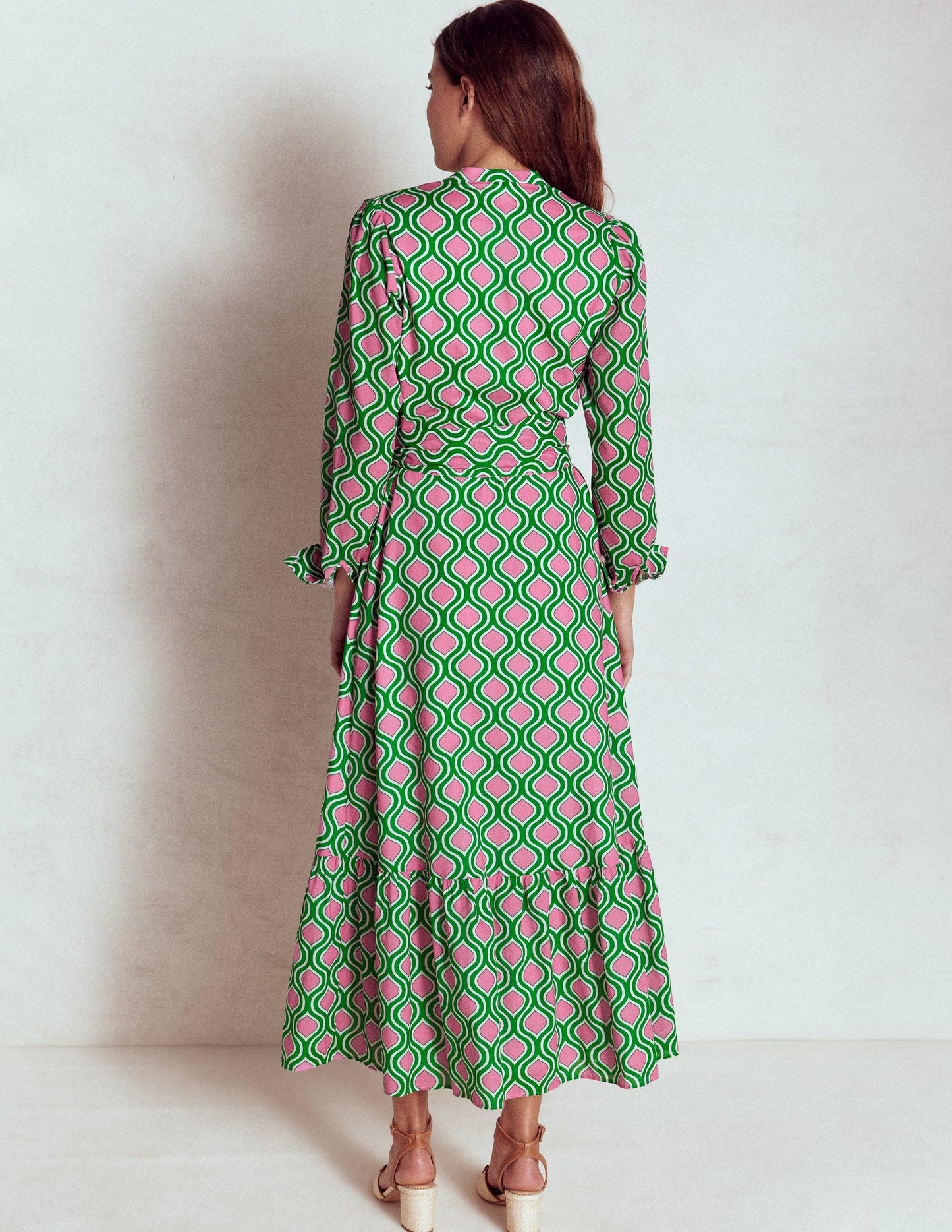Boden Mia Tiered Shirt Dress - Rich Emerald, Geo Trellis