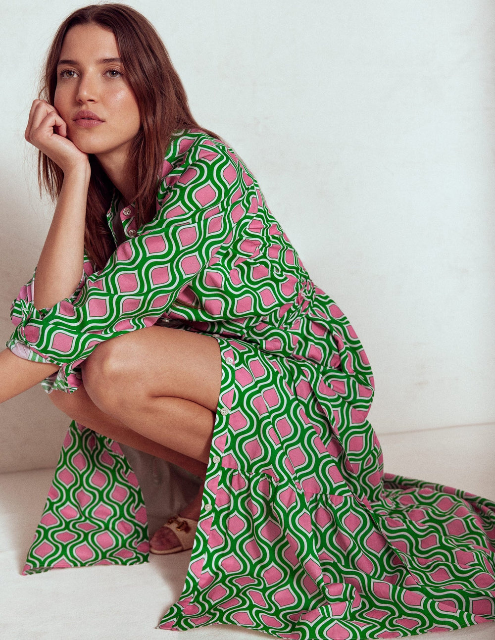 Boden Mia Tiered Shirt Dress - Rich Emerald, Geo Trellis