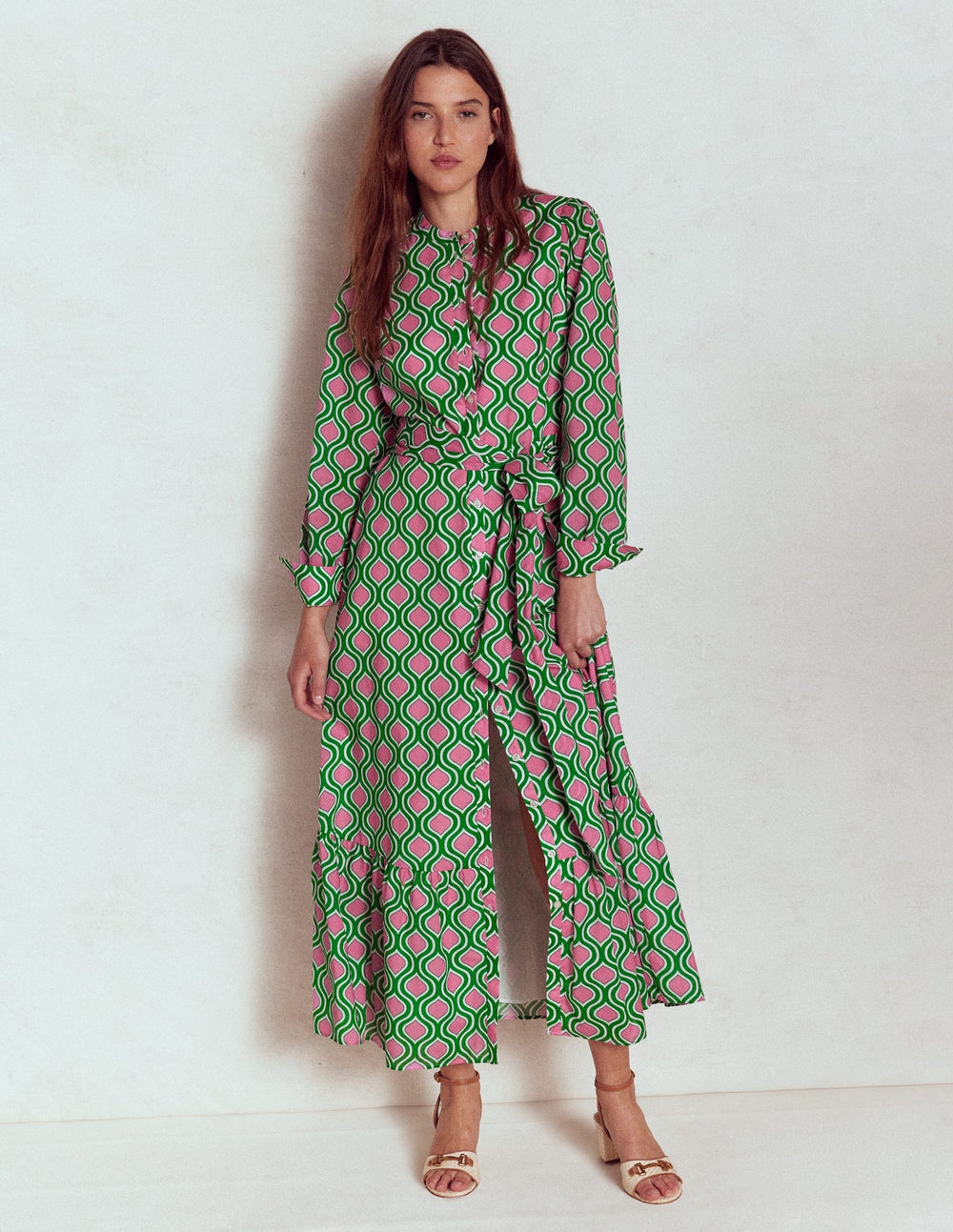 Boden Mia Tiered Shirt Dress - Rich Emerald, Geo Trellis
