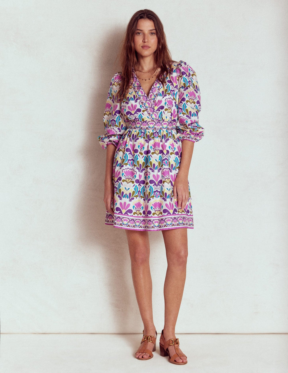 Boden Mya Cotton Short Dress - Royal Purple, Freesia Stamp