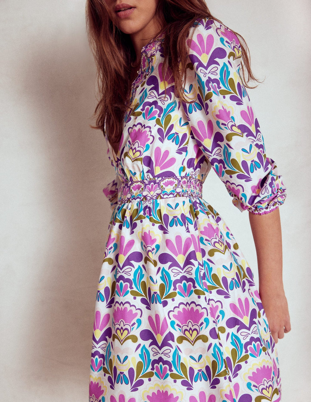 Boden Mya Cotton Short Dress - Royal Purple, Freesia Stamp