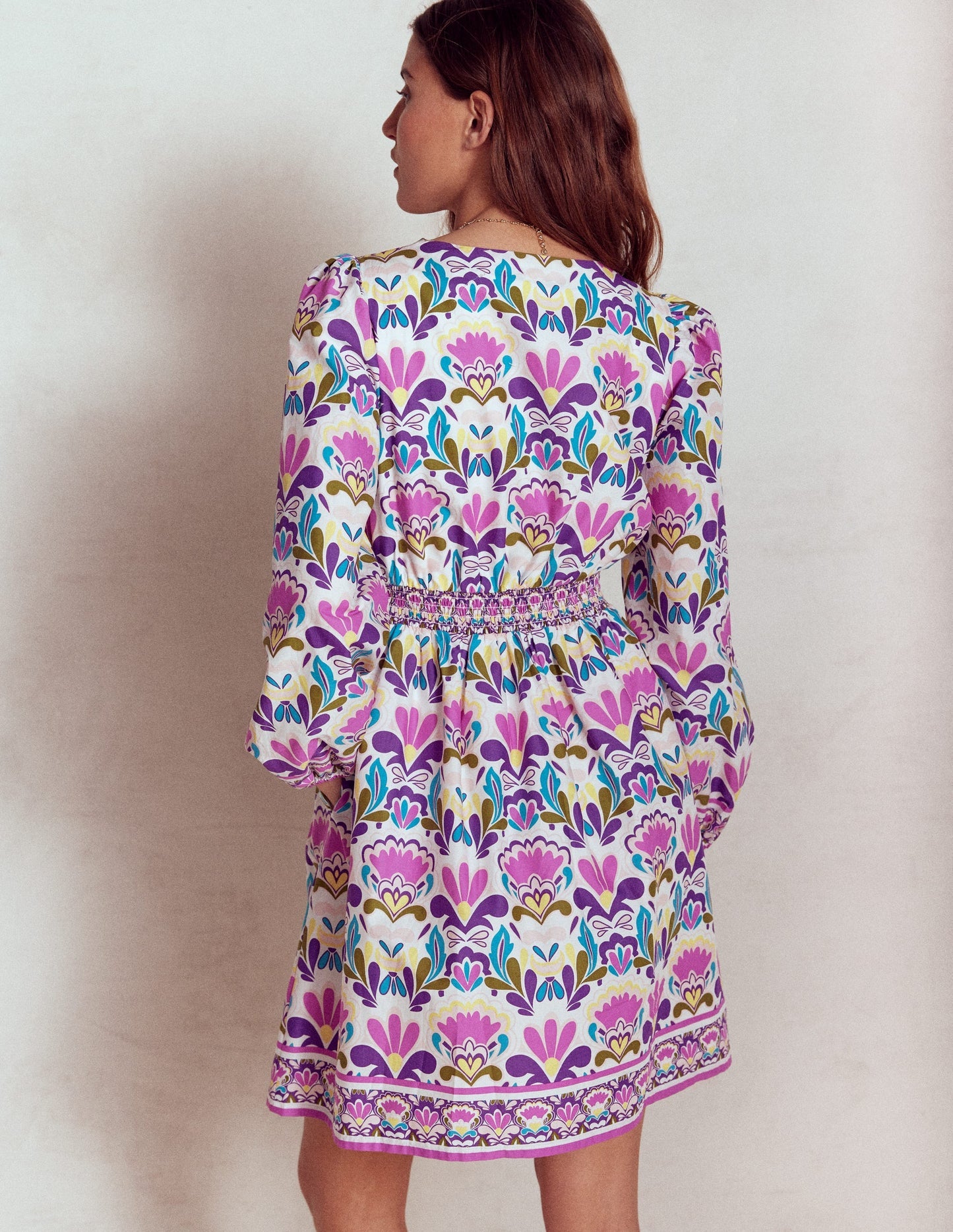 Boden Mya Cotton Short Dress - Royal Purple, Freesia Stamp