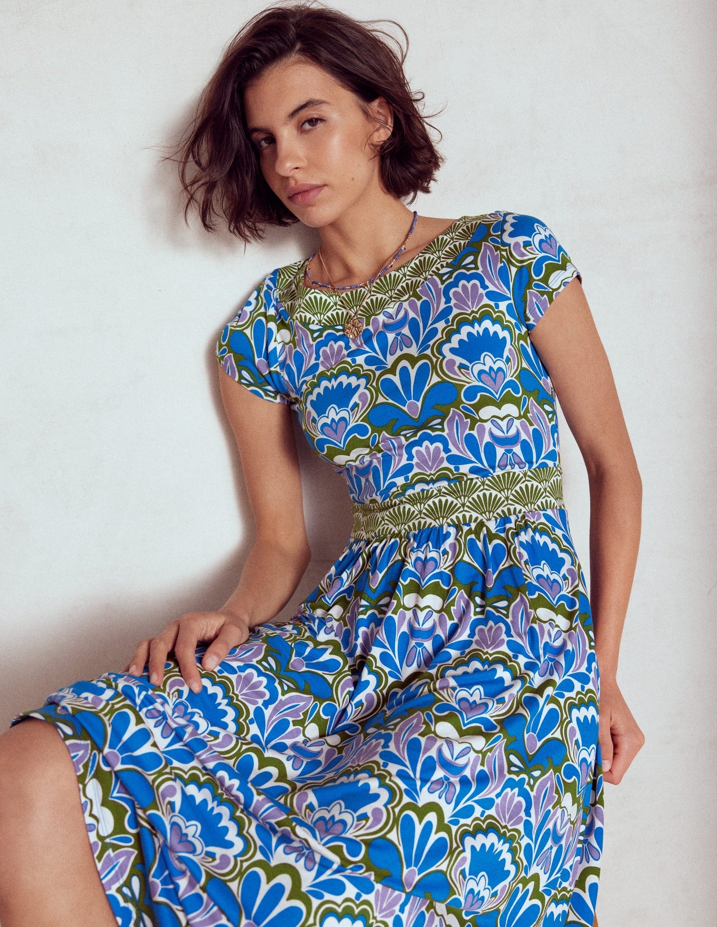 Boden Melanie Jersey Midi Dress - Kingfisher Blue, Freesia Stamp
