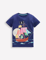 Boden Glow - In - The - Dark T-shirt - Twilight Blue Pirate Ship