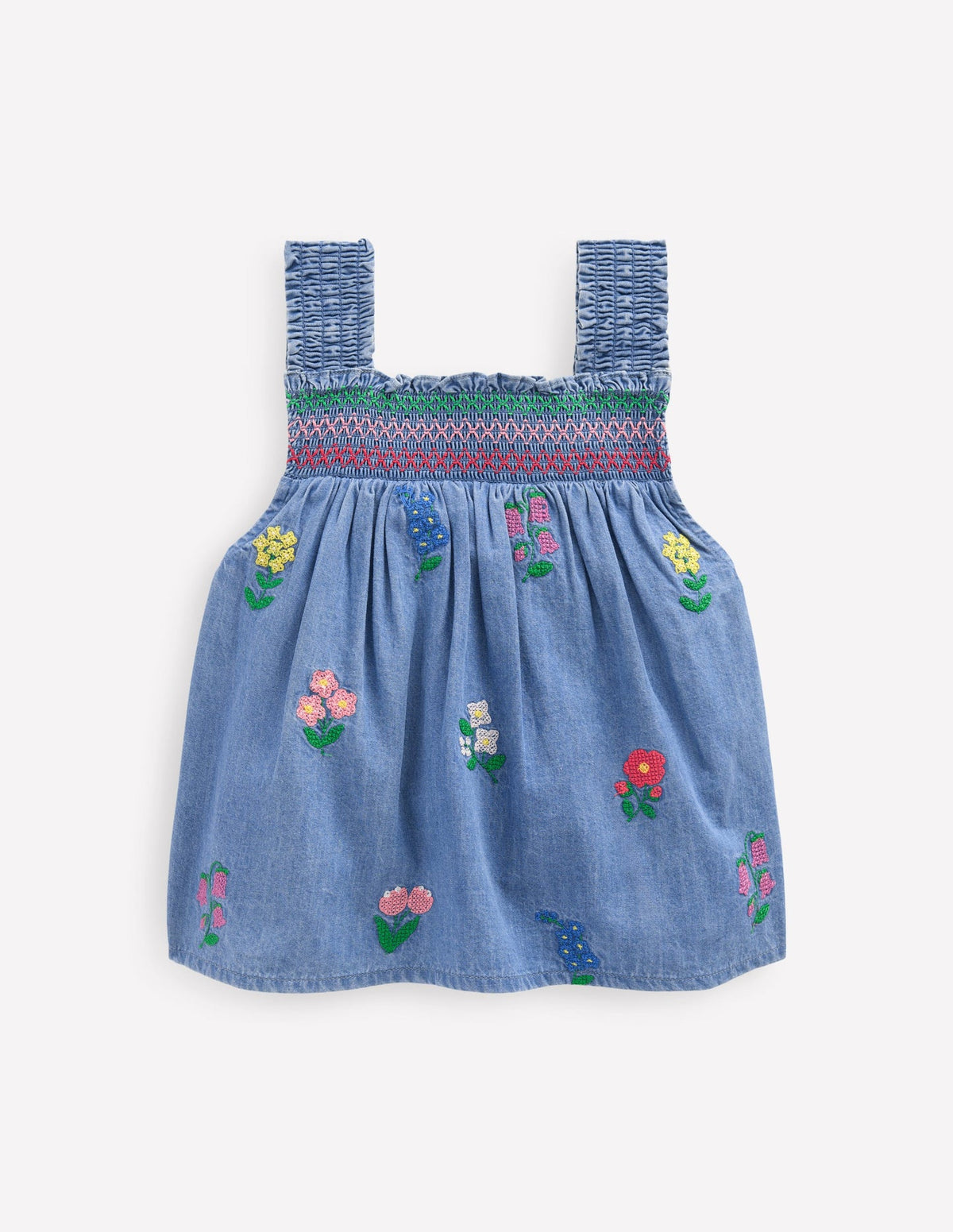 Boden Smocked Woven Top - Chambray Cross Stitch Flowers