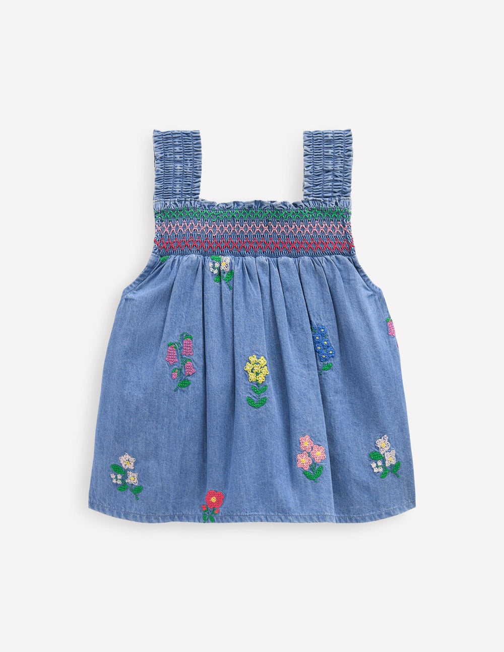 Boden Smocked Woven Top - Chambray Cross Stitch Flowers