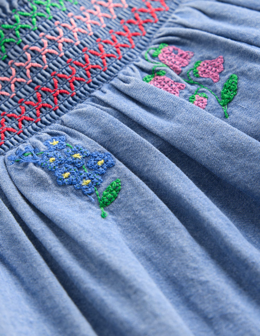 Boden Smocked Woven Top - Chambray Cross Stitch Flowers