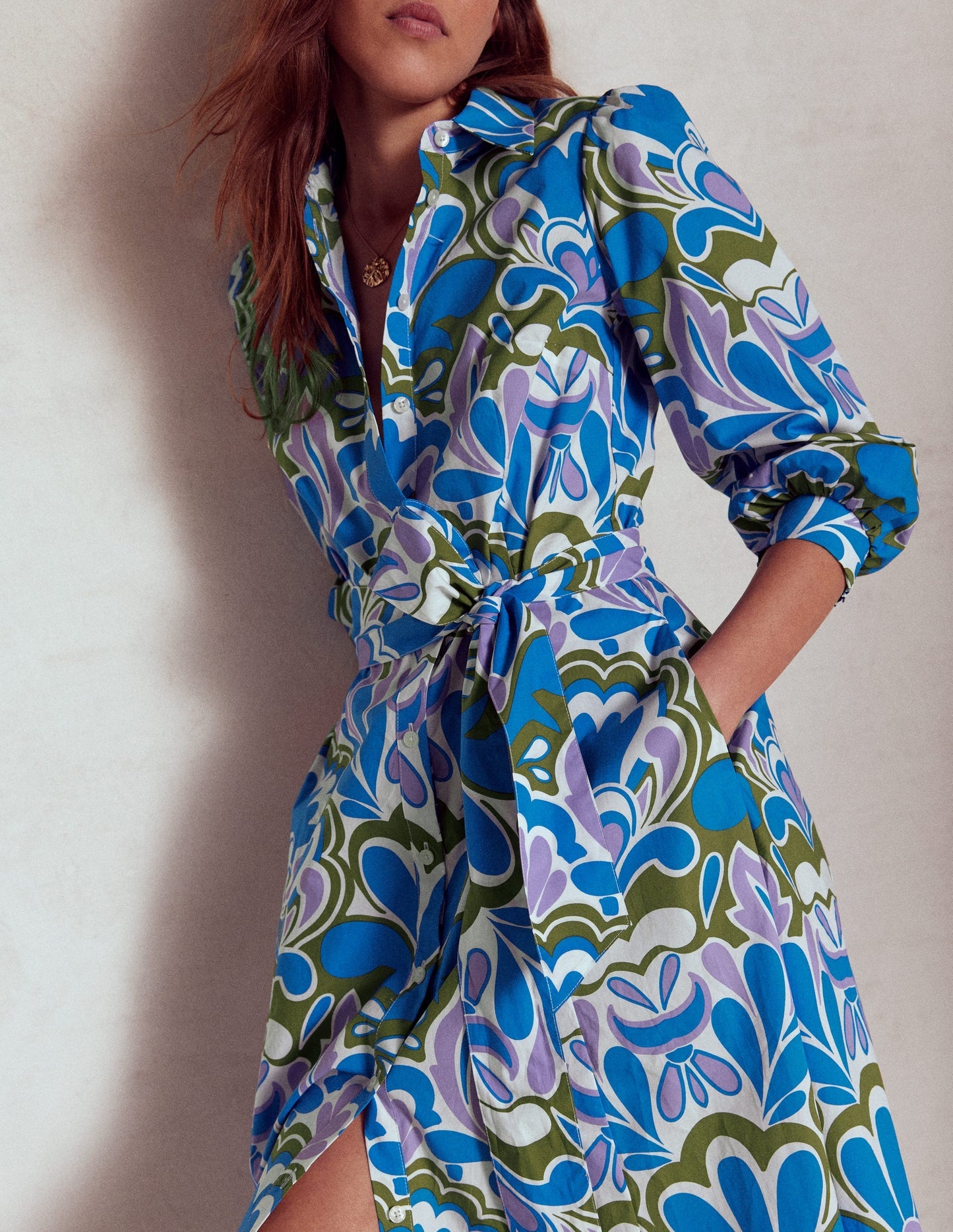 Boden Clara Cotton Shirt Dress - Kingfisher Blue, Freesia Stamp