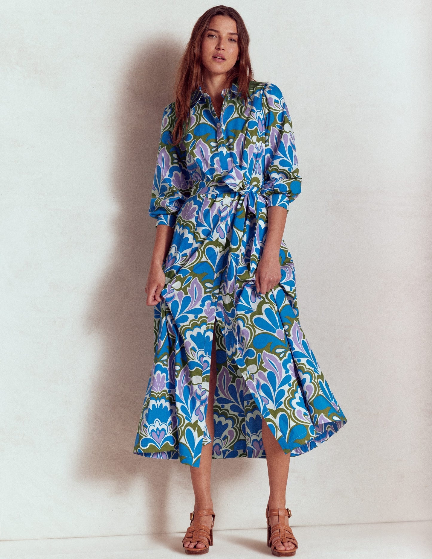Boden Clara Cotton Shirt Dress - Kingfisher Blue, Freesia Stamp