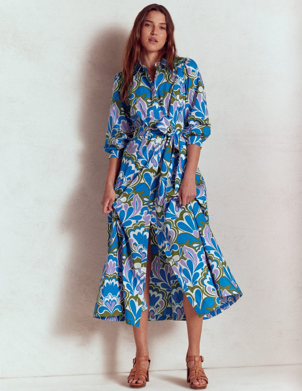 Boden Clara Cotton Shirt Dress - Kingfisher Blue, Freesia Stamp