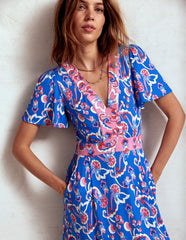 Boden Ellie Flutter Maxi Tea Dress - Kingfisher Blue, Foliage Trail