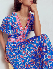 Boden Ellie Flutter Maxi Tea Dress - Kingfisher Blue, Foliage Trail