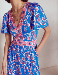 Boden Ellie Flutter Maxi Tea Dress - Kingfisher Blue, Foliage Trail